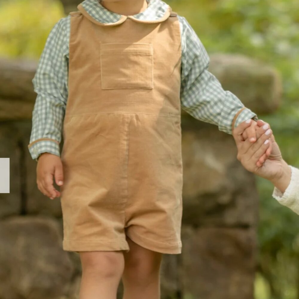 Henry Duvall Tan Corduroy Shortalls Matching Set with Green Check Shirt